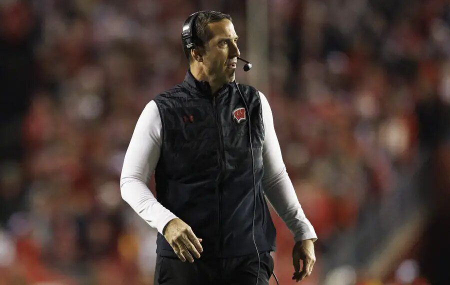 Nov 18, 2023; Madison, Wisconsin, USA; Wisconsin Badgers head coach Luke Fickell looks on during the second quarter against the Nebraska Cornhuskers at Camp Randall Stadium. Mandatory Credit: Jeff Hanisch-USA TODAY Sports