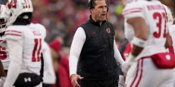 Nov 25, 2023; Minneapolis, Minnesota, USA; Wisconsin Badgers head coach Luke Fickell reacts during the second quarter against the Minnesota Golden Gophers at Huntington Bank Stadium. Mandatory Credit: Mark Hoffman/Milwaukee Journal Sentinel via USA TODAY NETWORK