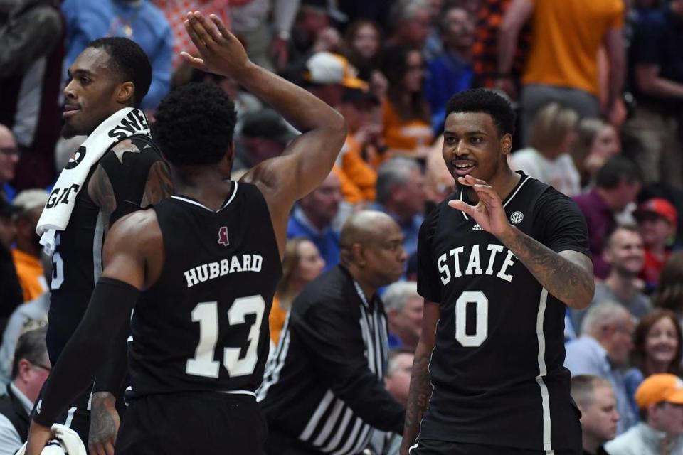 Mar 15, 2024; Nashville, TN, USA; Mississippi State Bulldogs forward D.J. Jeffries (0) and guard Josh Hubbard (13) celebrate at the end of the half against the Tennessee Volunteers at Bridgestone Arena. Mandatory Credit: Christopher Hanewinckel-USA TODAY Sports Christopher Hanewinckel/USA TODAY NETWORK