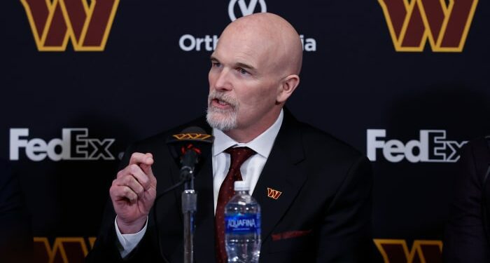 Feb 5, 2024; Ashburn, VA, USA; Washington Commanders head coach Dan Quinn speaks at his introductory press conference at Commanders Park.