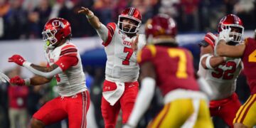 Dec 2, 2022; Las Vegas, NV, USA; Utah Utes quarterback Cameron Rising (7) throws against the Southern California Trojans during the first half of the PAC-12 Football Championship at Allegiant Stadium. Mandatory Credit: Gary A. Vasquez-USA TODAY Sports