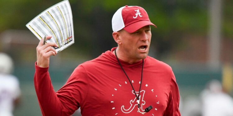 Mar 21, 2024; Tuscaloosa, Alabama, USA; Alabama head coach Kalen DeBoer yells instructions during practice at the University Alabama Thursday.