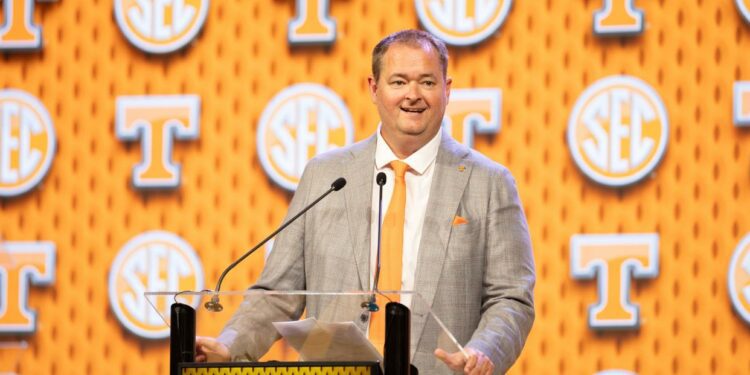 Jul 16, 2024; Dallas, TX, USA; Tennessee head coach Josh Heupel speaking at Omni Dallas Hotel. Mandatory Credit: Brett Patzke-USA TODAY Sports