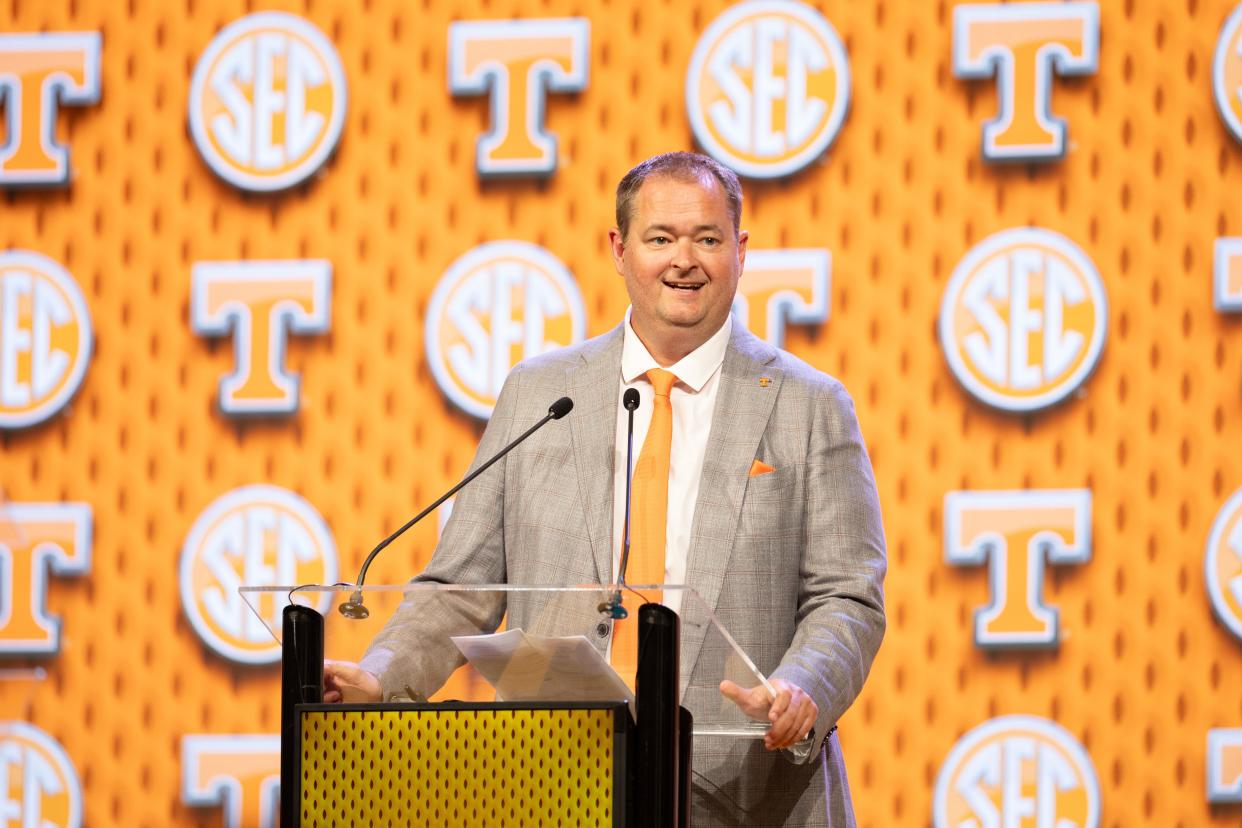 Jul 16, 2024; Dallas, TX, USA; Tennessee head coach Josh Heupel speaking at Omni Dallas Hotel. Mandatory Credit: Brett Patzke-USA TODAY Sports