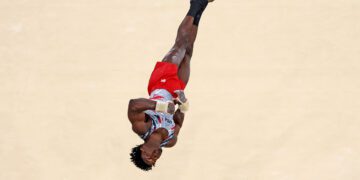 Frederick Richard of Team United States competes in the floor exercise during the Artistic Gymnastics Men's Team Final on day three of the Olympic Games Paris 2024 at Bercy Arena on July 29, 2024 in Paris, France. (Photo by Hannah Peters/Getty Images)