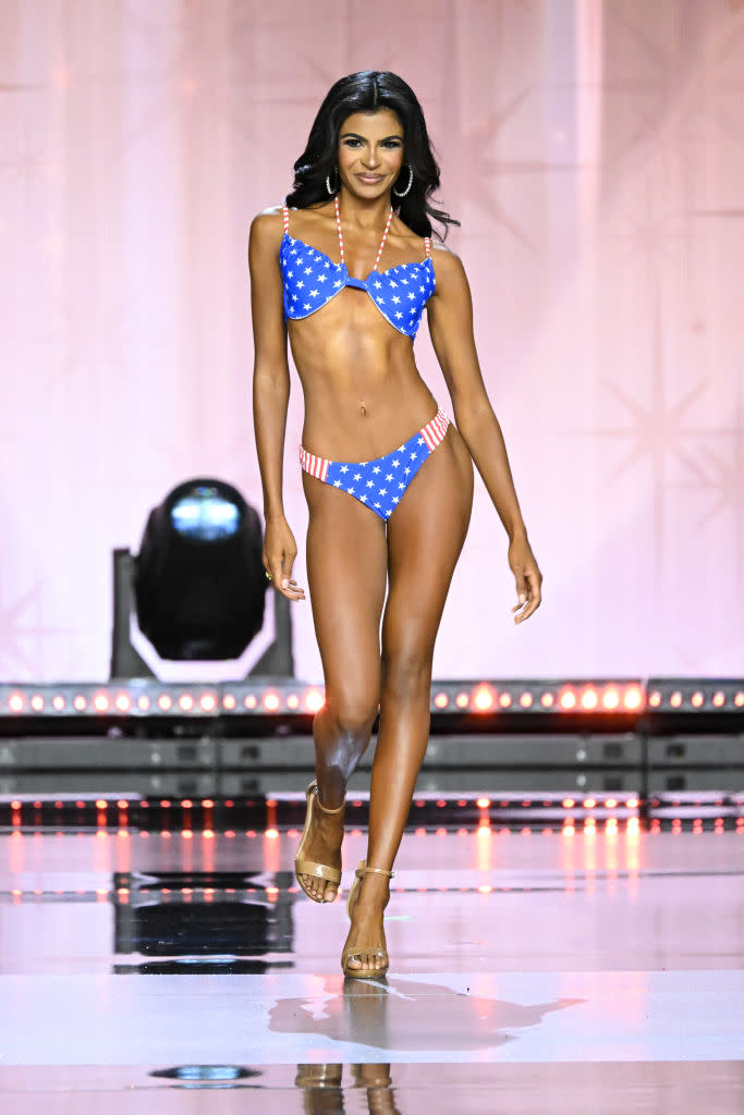 Himanvi Panidepu, Miss Virginia USA at the 73rd annual Miss USA Pageant on Aug. 4 in Los Angeles, swimwear, American flag bikini