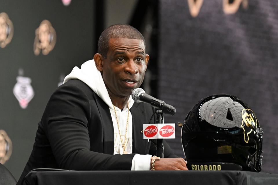 Jul 10, 2024; Las Vegas, NV, USA; Colorado Buffaloes head coach Deion Sanders speaks to the media during the Big 12 Media Days at Allegiant Stadium. Mandatory Credit: Candice Ward-USA TODAY Sports