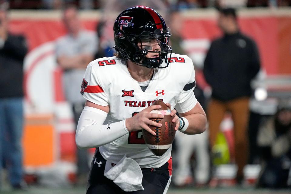 Nov 24, 2023; Austin, Texas, USA; Texas Tech Red Raiders quarterback Behren Morton (2) looks to throw a pass during the first half against the Texas Longhorns at Darrell K Royal-Texas Memorial Stadium. Mandatory Credit: Scott Wachter-USA TODAY Sports