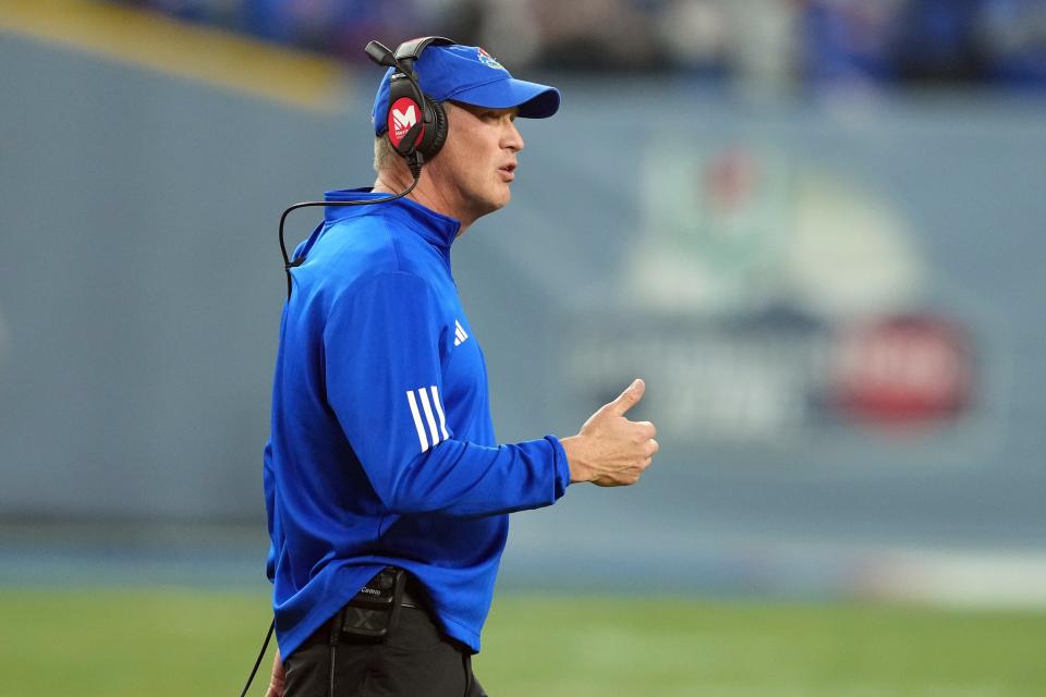 Dec 26, 2023; Phoenix, AZ, USA; Kansas Jayhawks head coach Lance Leipold looks on against the UNLV Rebels during the second half at Chase Field. Mandatory Credit: Joe Camporeale-USA TODAY Sports