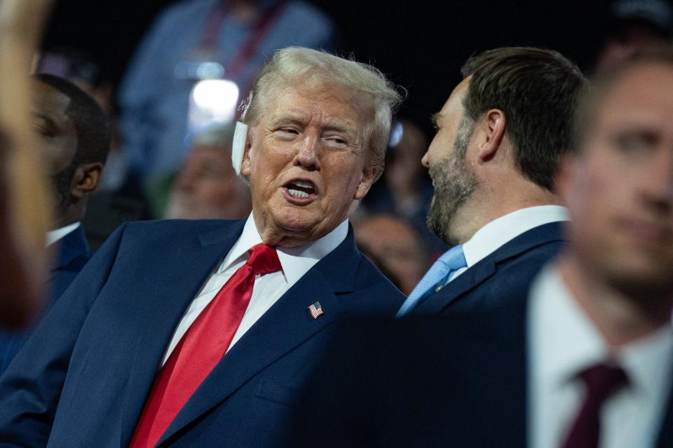 Former US President Donald J Trump makes an early appearance on the first night of the Republican National Convention