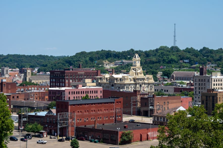 A high angle view of the city of Zanesville, Ohio.