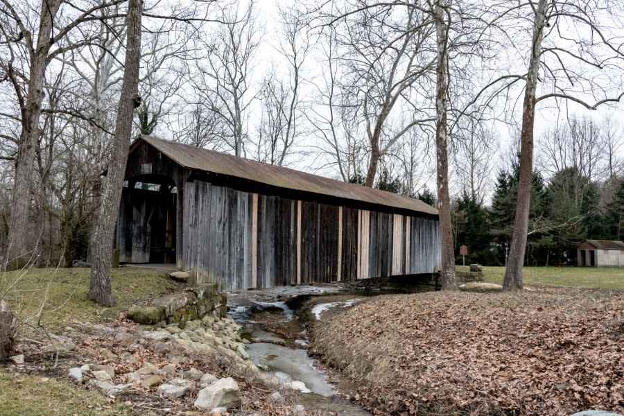 Norwich, Ohio/USA-March 8, 2019: Johnston’s Mill/Salt Creek Covered Bridge built in 1876 in Muskingum County. This bridge is on the National Register of Historic Places.