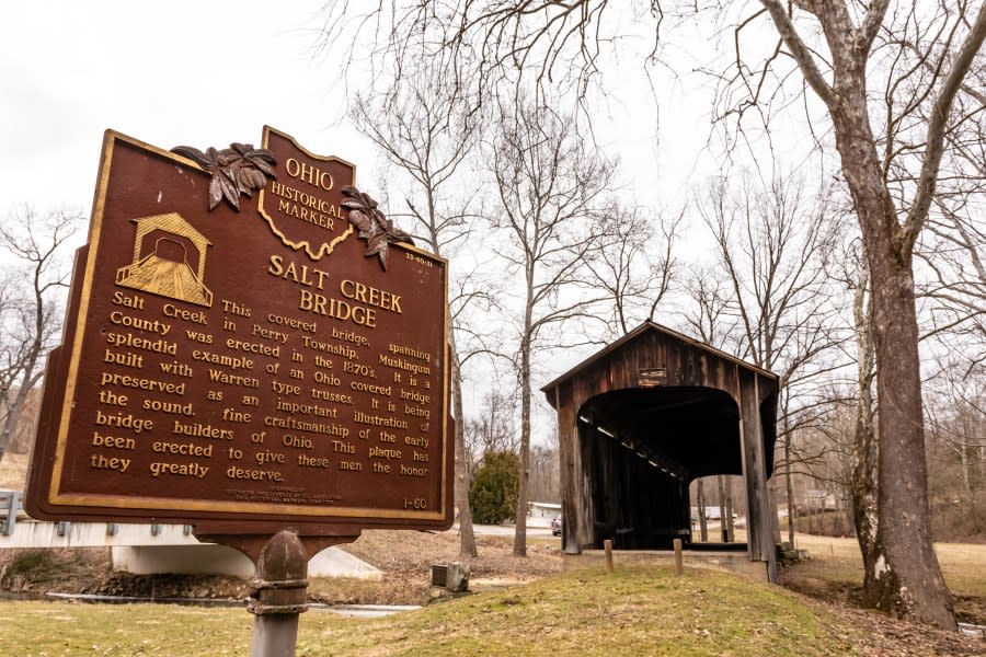 Norwich, Ohio/USA-March 8, 2019: Historical marker for Salt Creek Covered Bridge built in 1876 in Muskingum County. This bridge is on the National Register of Historic Places.