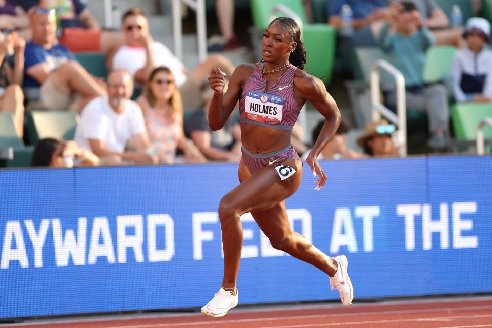 Alexis Holmes competes in the women's 400 meter semi-final on Day Two of the 2024 U.S. Olympic Team Track & Field Trials at Hayward Field on June 22, 2024 in Eugene, Oregon.