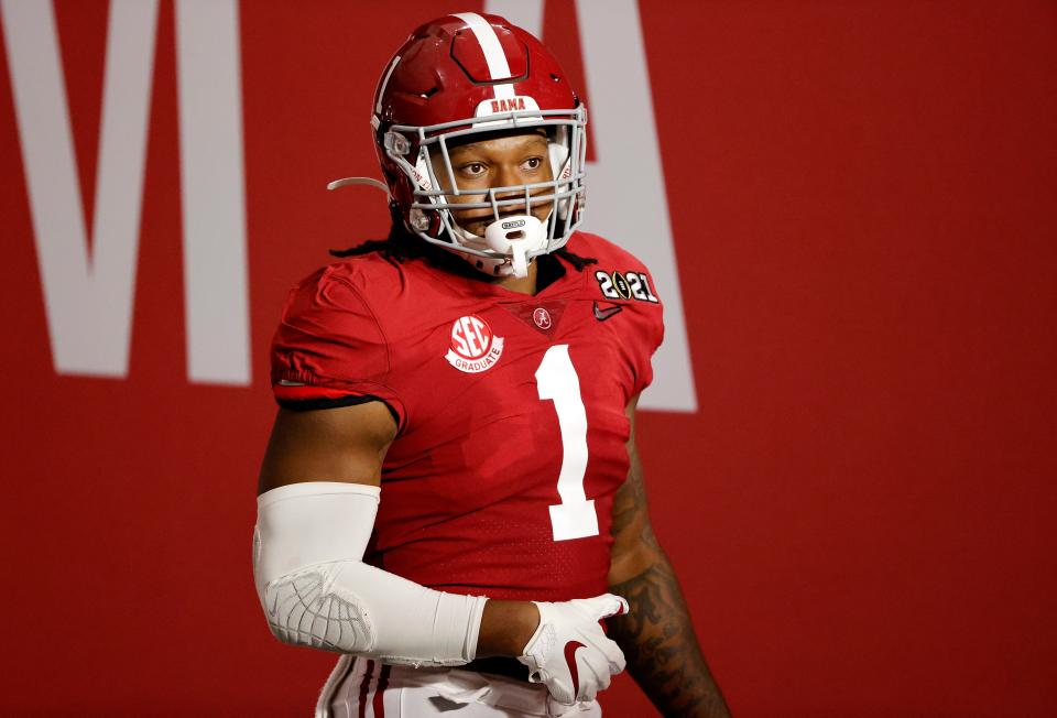 MIAMI GARDENS, FLORIDA - JANUARY 11: Ben Davis #1 of the Alabama Crimson Tide enters the field for the second half of the College Football Playoff National Championship game against the Ohio State Buckeyes at Hard Rock Stadium on January 11, 2021 in Miami Gardens, Florida. (Photo by Sam Greenwood/Getty Images)