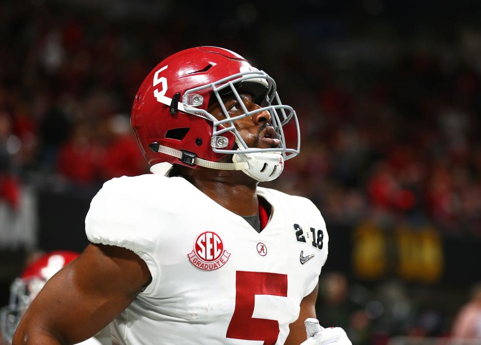 Jan 8, 2018; Atlanta, GA, USA; Alabama Crimson Tide running back Ronnie Clark (5) against the Georgia Bulldogs in the 2018 CFP national championship college football game at Mercedes-Benz Stadium. Mandatory Credit: Mark J. Rebilas-USA TODAY Sports