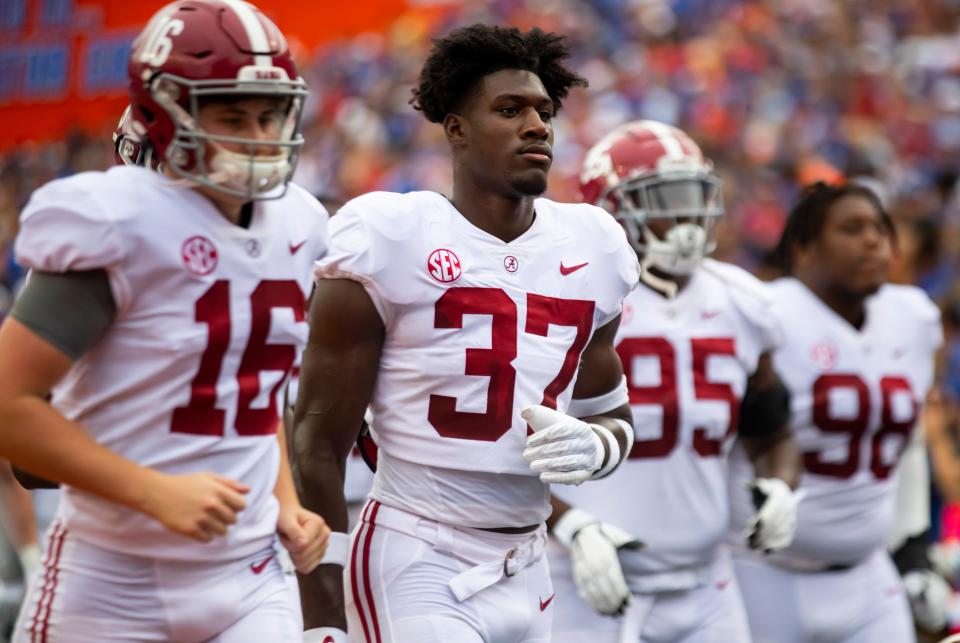 Sep 18, 2021; Gainesville, Florida, USA; Alabama Crimson Tide linebacker Demouy Kennedy (37) against the Florida Gators at Ben Hill Griffin Stadium. Mandatory Credit: Mark J. Rebilas-USA TODAY Sports