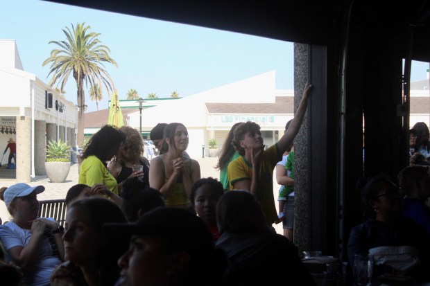 A small group of Brazil fans in a packed Watch...