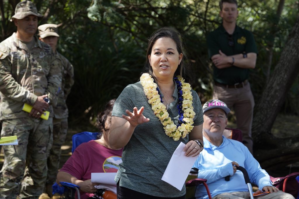 U.S. Rep. Jill Tokuda speaks during the Waiaanae Moku Kupuna Council’s huaka’i (excursion) at Makua Military Reservation Thursday, April 25, 2024, in Waianae. This is aimed to give a first person orientation for key participants and community members. (Kevin Fujii/Civil Beat/2024)