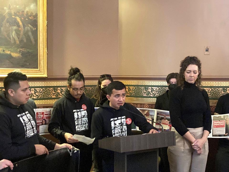 Cristian Santos speaks at a press conference in Montpelier at the statehouse announcing the education bill for immigrant students on Jan. 12, 2024.