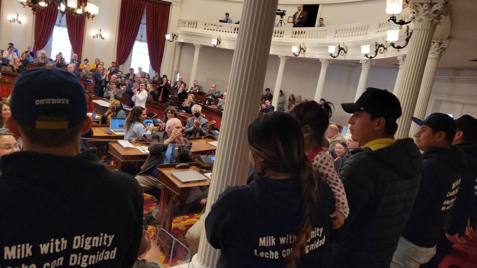 Farmworkers and their allies went to the Vermont statehouse on March 14, 2024, to speak directly to legislators about the education bill for immigrant students.