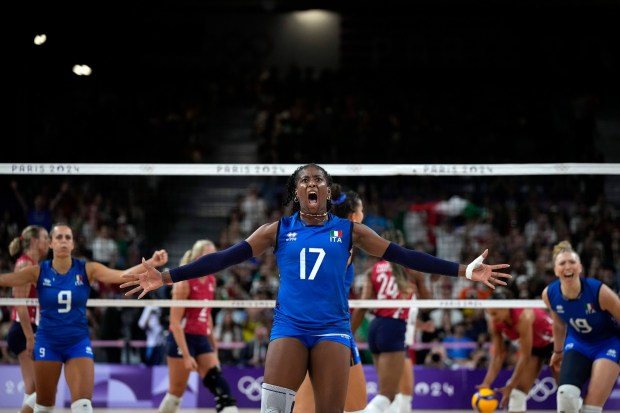 Myriam Sylla of Italy celebrates during a gold medal women's volleyball match between the United States of America and Italy at the 2024 Summer Olympics, Sunday, Aug. 11, 2024, in Paris, France. (AP Photo/Alessandra Tarantino)