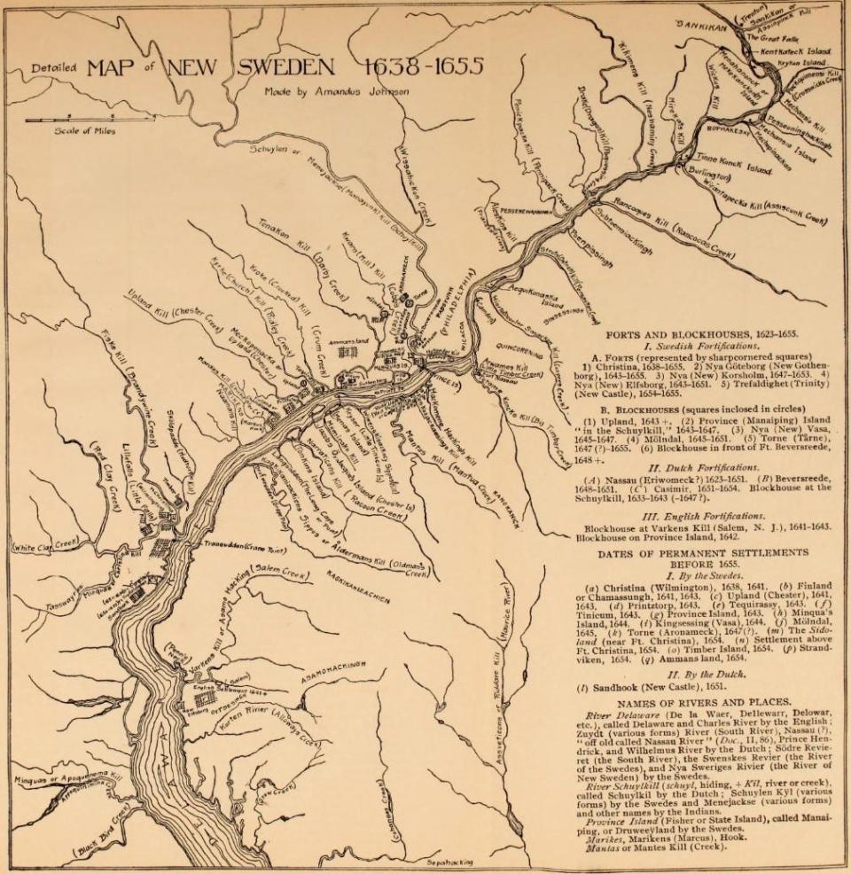 A map of New Sweden from Amandus Johnson and his book 