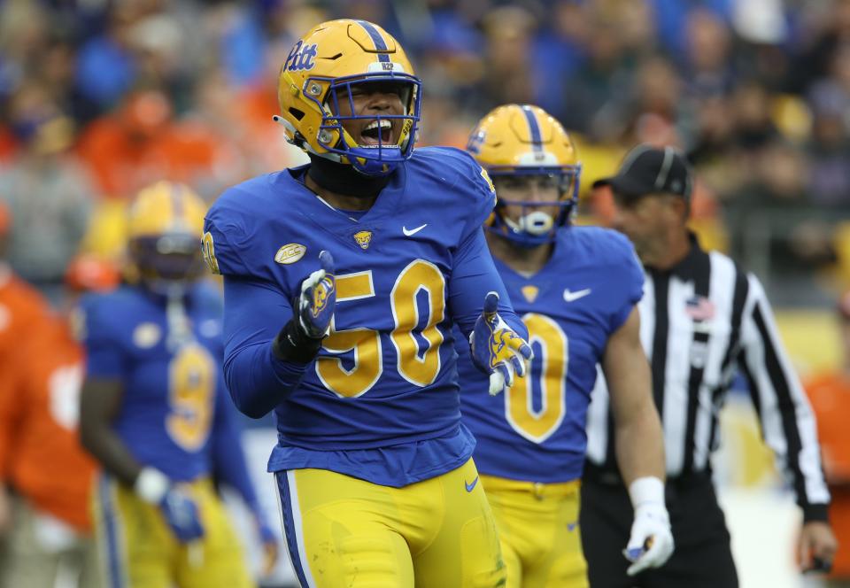 Oct 23, 2021; Pittsburgh, Pennsylvania, USA; Pittsburgh Panthers defensive lineman Dayon Hayes (50) reacts after recording a sack against the Clemson Tigers during the second quarter at Heinz Field. Mandatory Credit: Charles LeClaire-USA TODAY Sports