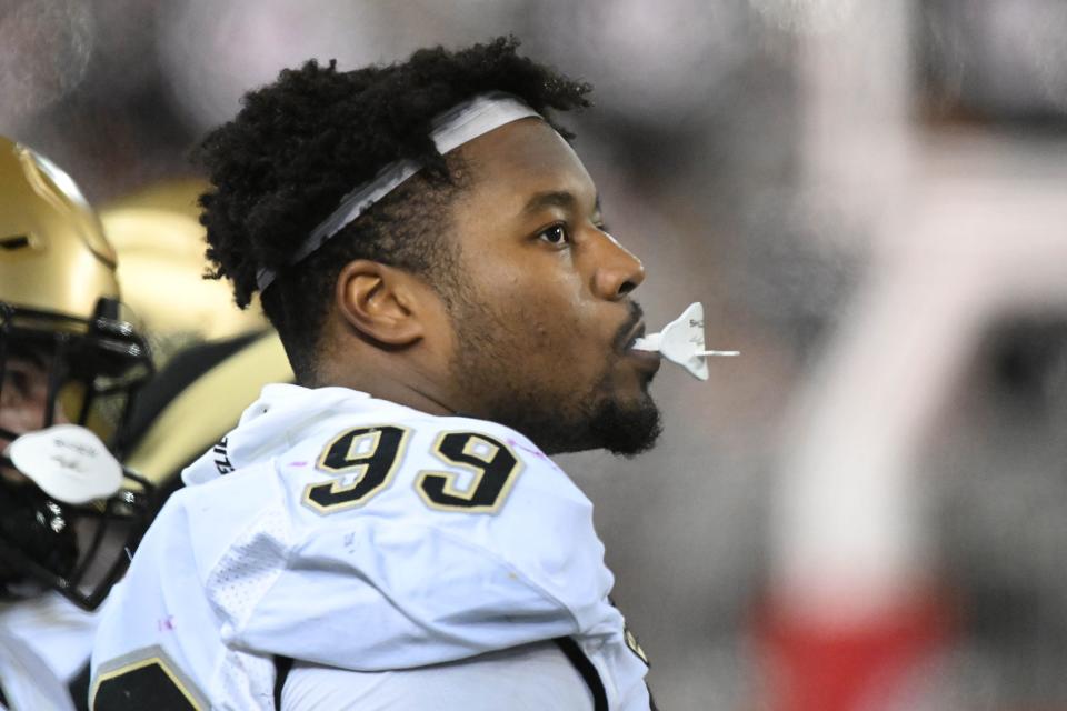 Nov 17, 2023; Pullman, Washington, USA; Colorado Buffaloes defensive lineman Shane Cokes (99) looks on during a game against the Washington State Cougars in the second half at Gesa Field at Martin Stadium. Washington State won 56-14. Mandatory Credit: James Snook-USA TODAY Sports