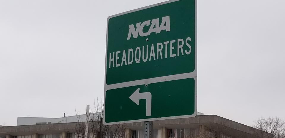 A sign directing drivers toward the NCAA's headquarters in Indianapolis.