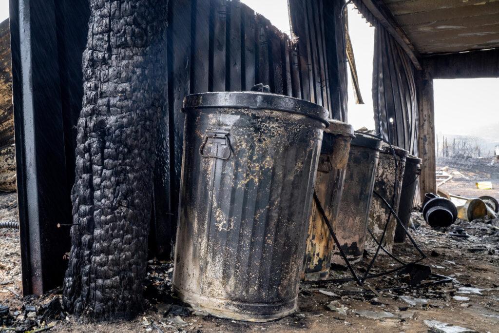 The burned out remains of the barn at the home of Suzanne Simmons