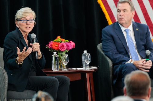 U.S. Secretary of Energy Jennifer Granholm speaks to UA union pipefitters at WCC