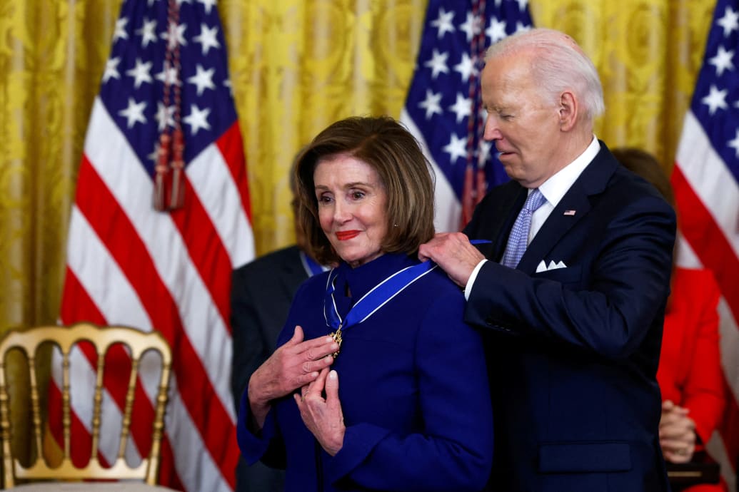 Joe Biden presents the Presidential Medal of Freedom to Nancy Pelosi