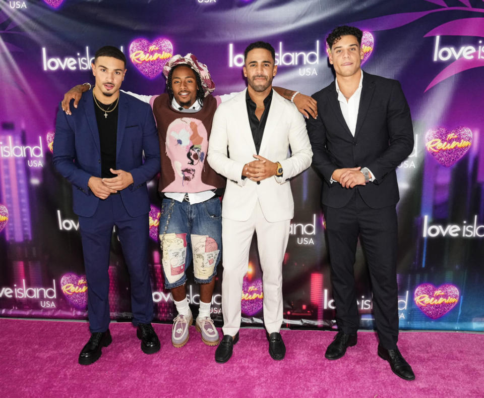 (L-R) Miguel Harichi, Kordell Beckham, Kendall Washington and Kenny Rodriguez attends the “Love Island USA: The Reunion” photo call at Chelsea Studios on August 14, 2024 in New York City. (Photo by John Nacion/Getty Images)