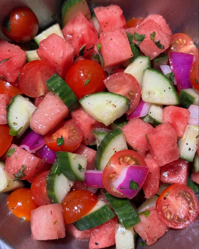 cucumber, tomato, and watermelon salad