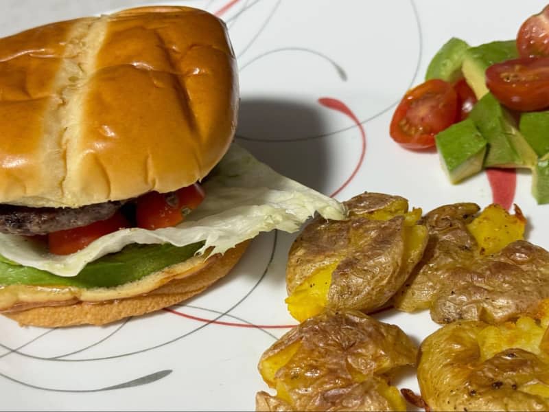 Hamburgers, Roasted Smashed Potatoes, Cucumber, Tomato and Watermelon Salad