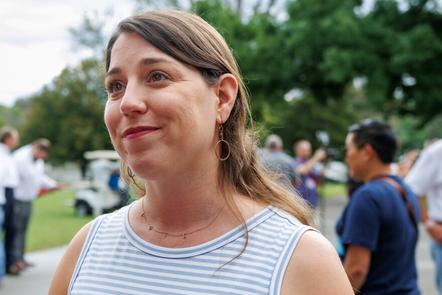 Crystal Quade talks with the media at the end of the Governor’s Ham Breakfast starts in Sedalia on Thursday, August 15, 2024.