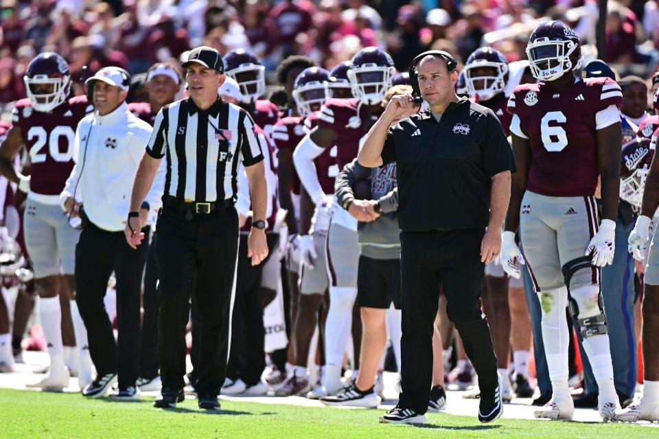 Oct 7, 2023; Starkville, Mississippi, USA; Mississippi State Bulldogs head coach Zach Arnett stands on the sidelines during the fourth quarter of the game against the Western Michigan Broncos at Davis Wade Stadium at Scott Field. Mandatory Credit: Matt Bush-USA TODAY Sports