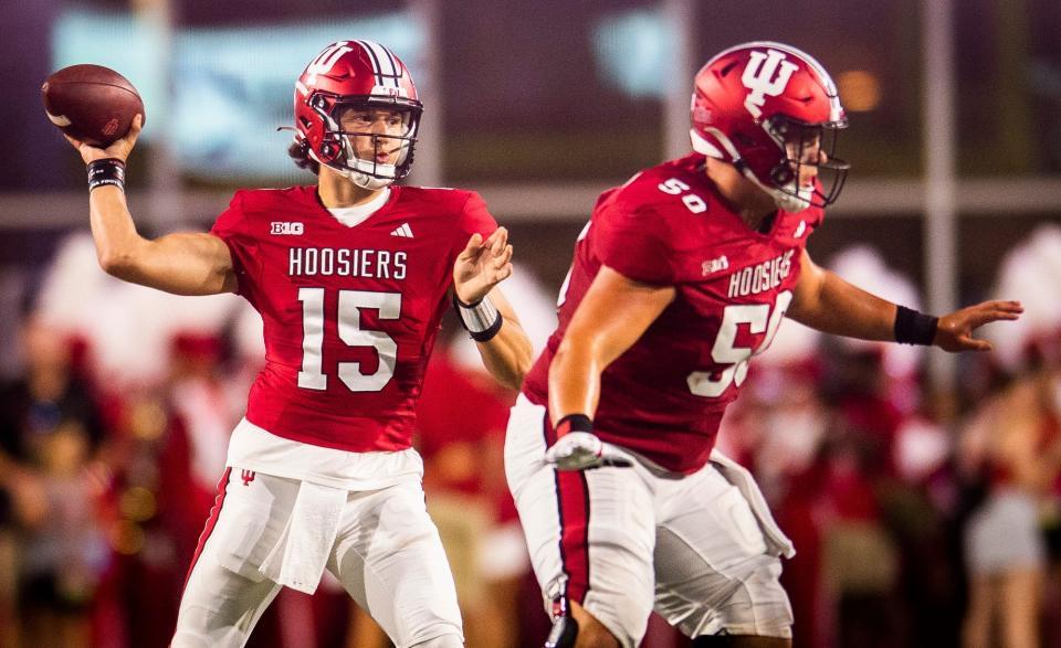 Indiana's Brendan Sorsby (15) passes during the first half of the Indiana versus Indiana State football game at Memorial Stadium on Friday, Sept. 8, 2023.