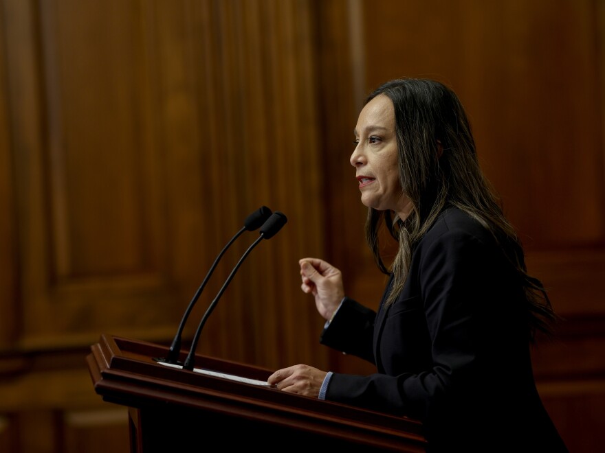 Rep. Monica De La Cruz, R-Texas, speaks to reporters during a news conference at the U.S. Capitol in 2023.