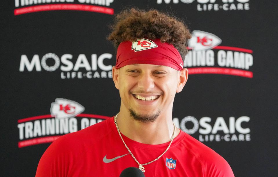 Jul 26, 2024; Kansas City, MO, USA; Kansas City Chiefs quarterback Patrick Mahomes (15) speaks to the media after training camp at Missouri Western State University. Mandatory Credit: Denny Medley-USA TODAY Sports ORG XMIT: IMAGN-891656 ORIG FILE ID: 20240726_gma_sm8_0044.jpg