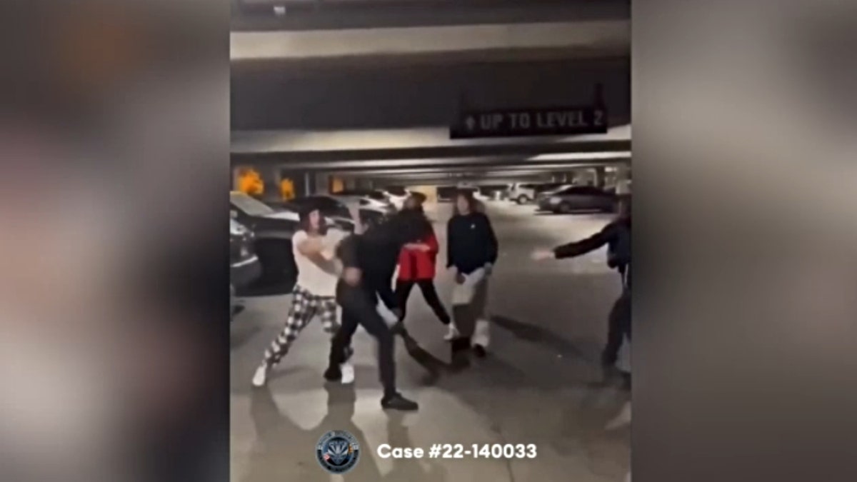 A screenshot of surveillance footage showing the Gilbert Goons fighting in a parking garage.