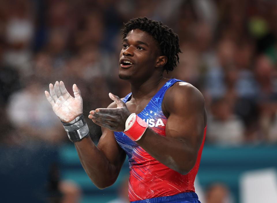 Frederick Richard of Team United States reacts after his routine on the vault during the Artistic Gymnastics Men's All-Around Final on day five of the Olympic Games Paris 2024 at Bercy Arena on July 31, 2024 in Paris, France.