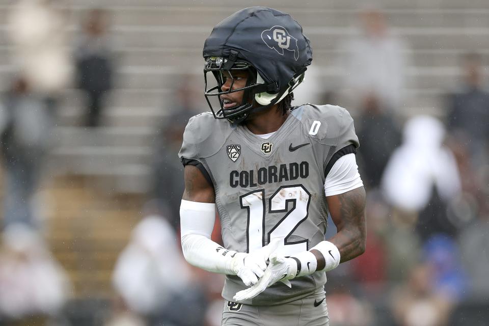 BOULDER, COLORADO - APRIL 27: Travis Hunter #12 of the Colorado Buffaloes warms-up prior to their spring game at Folsom Field on April 27, 2024 in Boulder, Colorado. (Photo by Matthew Stockman/Getty Images)