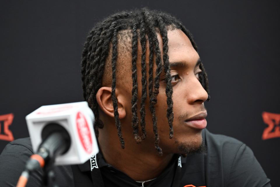 Jul 9, 2024; Las Vegas, NV, USA; Oklahoma State running back Ollie Gordon II speaks to the media during the Big 12 Media Days at Allegiant Stadium. Mandatory Credit: Candice Ward-USA TODAY Sports