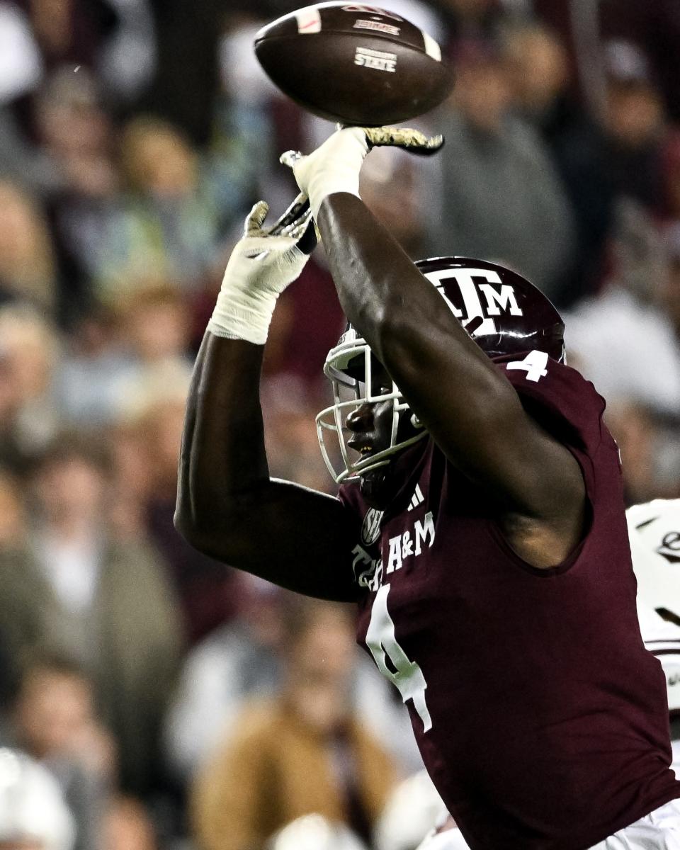 Nov 11, 2023; College Station, Texas, USA; Texas A&M Aggies defensive lineman Shemar Stewart (4) tips a pass from Mississippi State Bulldogs quarterback Mike Wright (not pictured) during the second half at Kyle Field. Mandatory Credit: Maria Lysaker-USA TODAY Sports