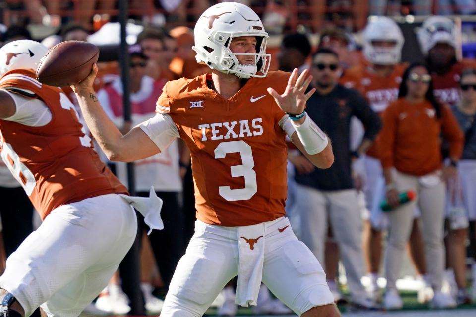 Sep 30, 2023; Austin, Texas, USA; Texas Longhorns quarterback Quinn Ewers (3) throws a pass during the second half against the Kansas Jayhawks at Darrell K Royal-Texas Memorial Stadium. Mandatory Credit: Scott Wachter-USA TODAY Sports