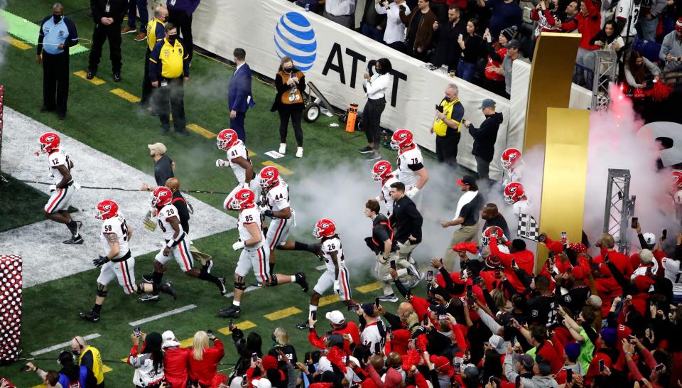 Georgia Bulldogs takes the field Monday, Jan. 10, 2022, before the College Football Playoff National Championship against Alabama at Lucas Oil Stadium in Indianapolis. Alex Martin/IndyStar / USA TODAY NETWORK