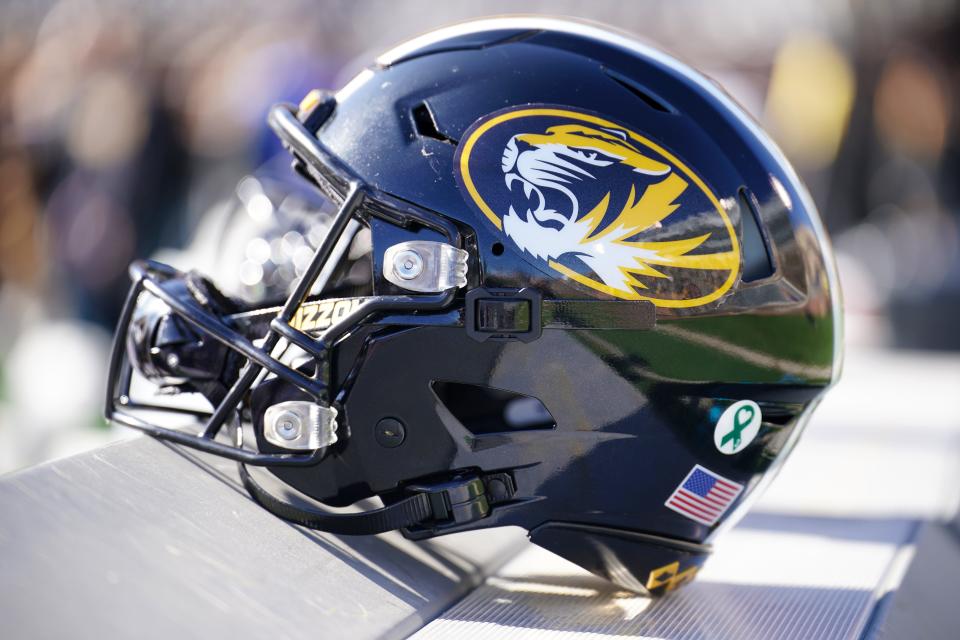 Oct 7, 2023; Columbia, Missouri, USA; A general view of a Missouri Tigers helmet against the LSU Tigers prior to a game at Faurot Field at Memorial Stadium. Mandatory Credit: Denny Medley-USA TODAY Sports