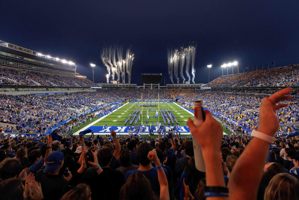 Oct 28, 2023; Lexington, Kentucky, USA; Kentucky Wildcats fans cheer before the game against the Tennessee Volunteers at Kroger Field. Mandatory Credit: Jordan Prather-USA TODAY Sports